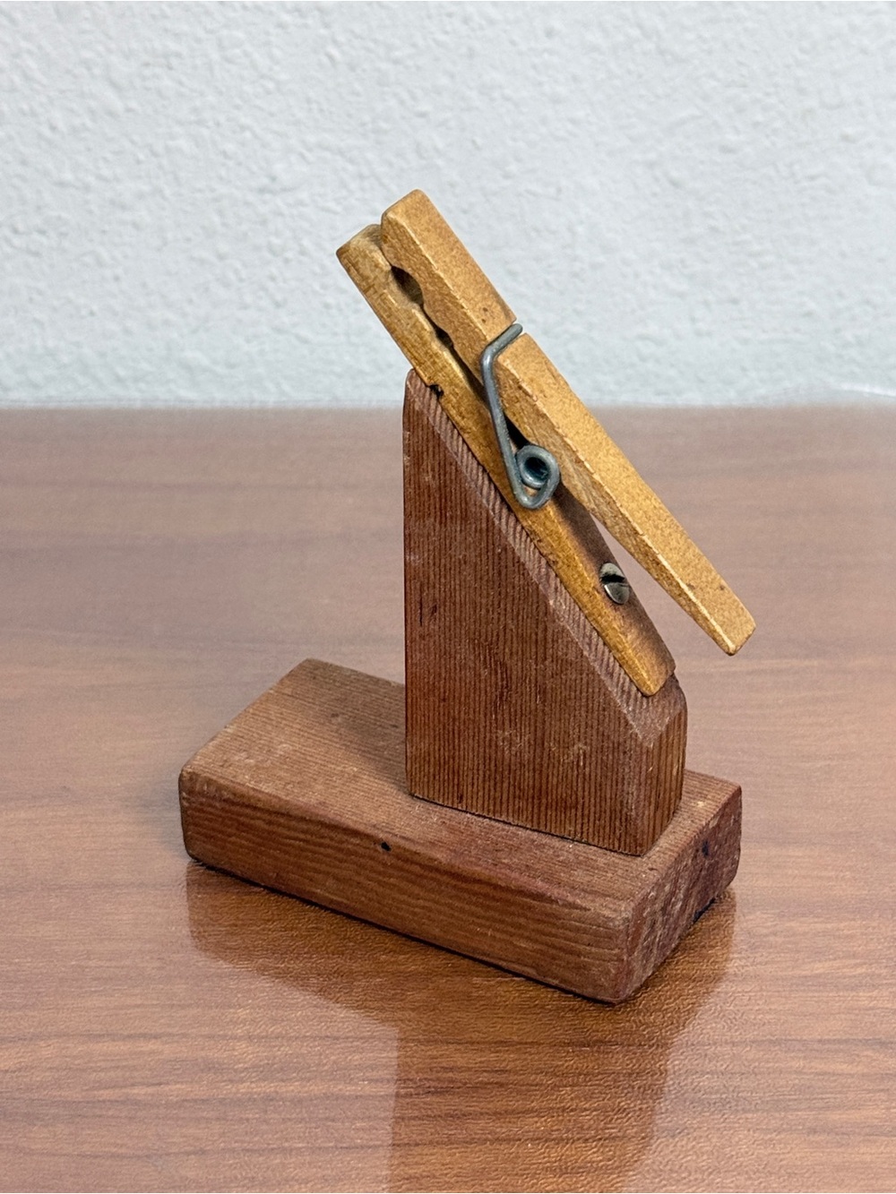 Vintage Handmade Wooden Clothespin Recipe Card Holder on Wooden Base